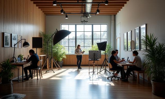 Modern photo studio interior with creative team